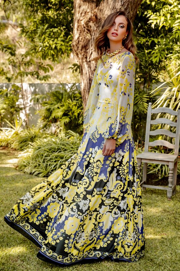 Šaty dlhé žlto-modré kvetované s dlhým rukávom